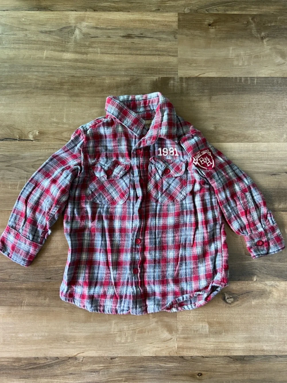 $1 - Kids Red Plaid Button-Up Shirt - Casual Long Sleeve Top